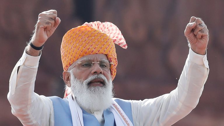 Indian Prime Minister Narendra Modi addresses the nation during Independence Day celebrations at the historic Red Fort in Delhi, India, August 15, 2021. REUTERS/Adnan Abidi