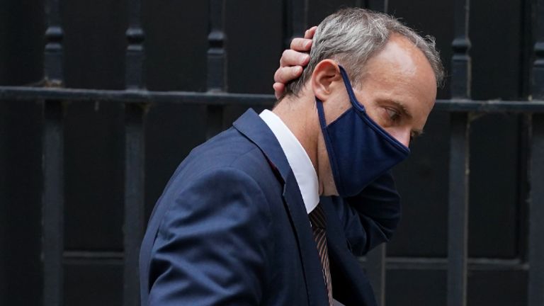 Foreign Secretary Dominic Raab leaving 10 Downing Street, London, after attending a Cobra meeting. Prime Minister Boris Johnson has held a third Cobra meeting in four days this afternoon as a desperate struggle to get UK nationals and local allies out of the country continues. Picture date: Monday August 16, 2021.