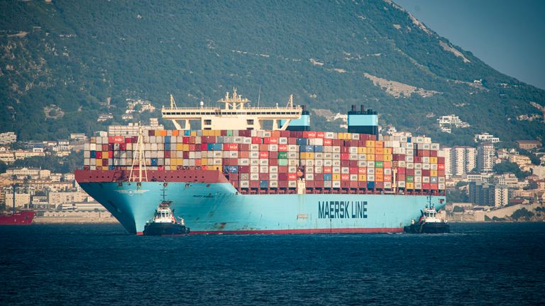 Mary Maersk the megaship Triple E of 18270 teus that arrives to the port of Algeciras coming from the Suez Canal, is the first one that arrives to Spain after the accident. Algeciras (Cadiz) on 03 April 2021 03 APRIL 2021 Marcos Morenos/ Europa Press 04/03/2021 (Europa Press via AP)