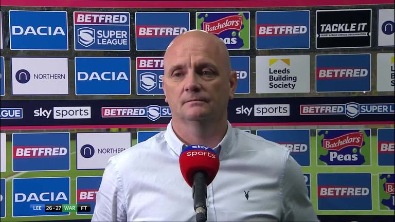 Leeds Rhinos coach Richard Agar gives his reaction after seeing his side lose by one point to Warrington