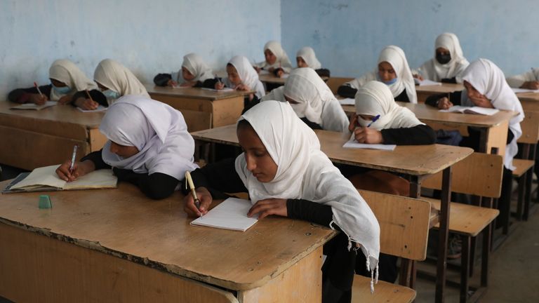 Afghan girls students attending school in Kabul. File pic. Pic: Ap