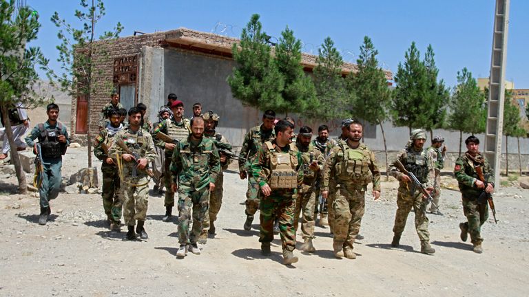 Afghan security personnel patrol after they took back control of parts of Herat. Pic: AP