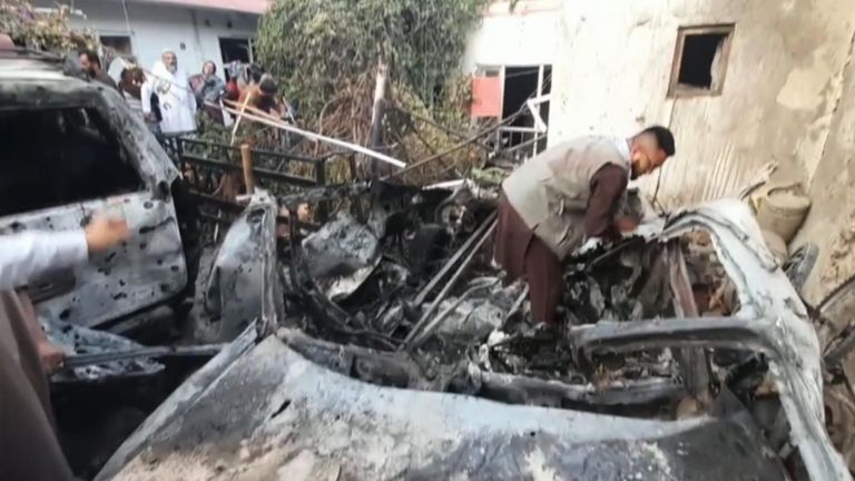 Video shows a building and several vehicles were damaged after a US strike in Kabul, Afghanistan. The US military said a drone destroyed a vehicle which was carrying “a substantial amount of explosive material”.