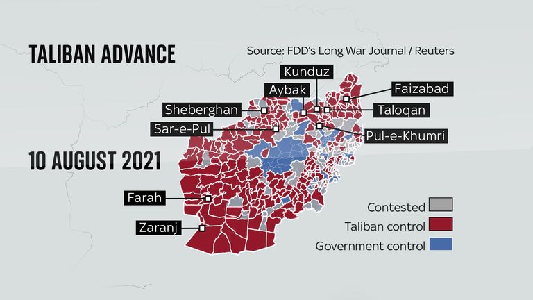 Au 10 août, le gouvernement avait perdu le contrôle de la majorité des régions, alors que les talibans cherchent à avancer sur Kaboul, la capitale