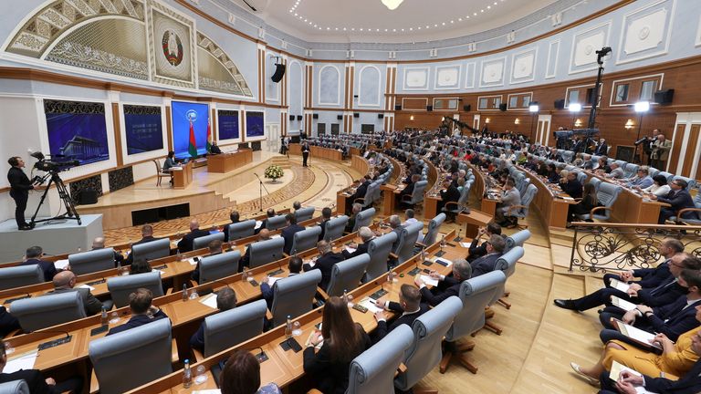 President Lukashenko dismissed London's new sanctions when he was speaking at the presidential palace building. Pic: Maxim Guchek/BelTA/Reuters