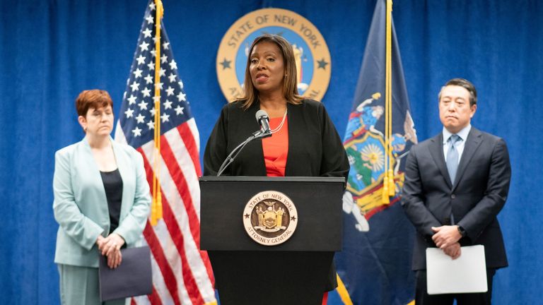 New York State Attorney General, Letitia James, speaks next to independent investigators Joon H. Kim and Anne L. Clark during a news conference regarding a probe that found New York Governor Andrew Cuomo sexually harassed multiple women