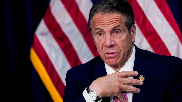 FILE PHOTO: New York Governor Andrew Cuomo speaks during a news conference, in New York, U.S., May 10, 2021. Mary Altaffer/Pool via REUTERS/File Photo