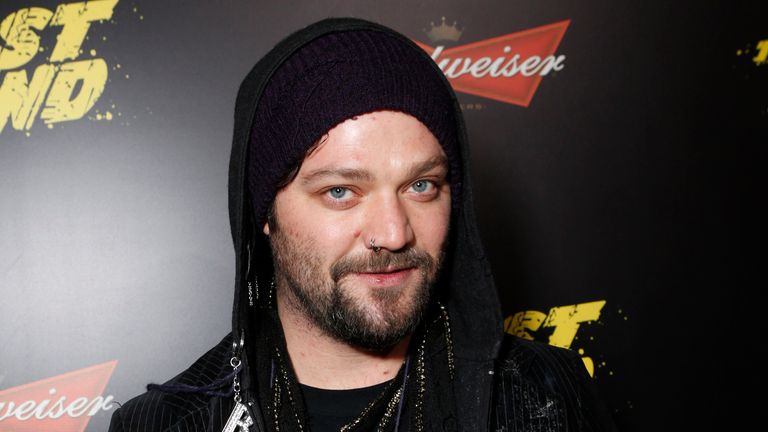 FILE - This Jan. 14, 2013 file photo shows Bam Margera at the LA premiere of "The Last Stand" at Grauman&#39;s Chinese Theatre in Los Angeles. Margera, star of "Jackass," put several dozen of his own paintings up for sale Tuesday at a barn on his property in West Chester, outside Philadelphia. The 33-year-old Margera let fans know about the art show in a tweet that day. (Photo by Todd Williamson/Invision/AP, file)