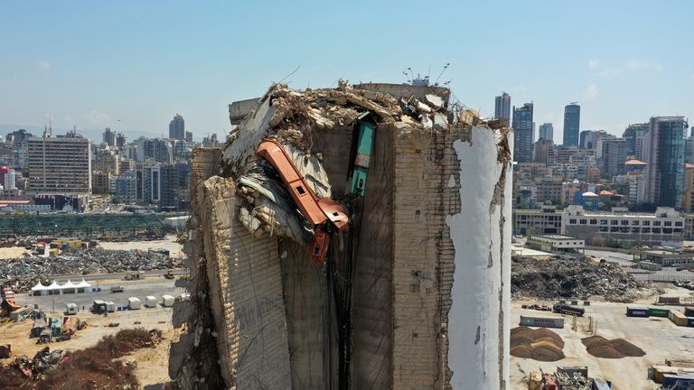 A picture taken with a drone shows a general view of the grain silo that was damaged during Aug. 4, 2020 explosion in Beirut&#39;s port, after almost a year since the blast, Lebanon August 2, 2021. Picture taken August 2, 2021. REUTERS/Imad Creidi NO ARCHIVES. NO RESALES.