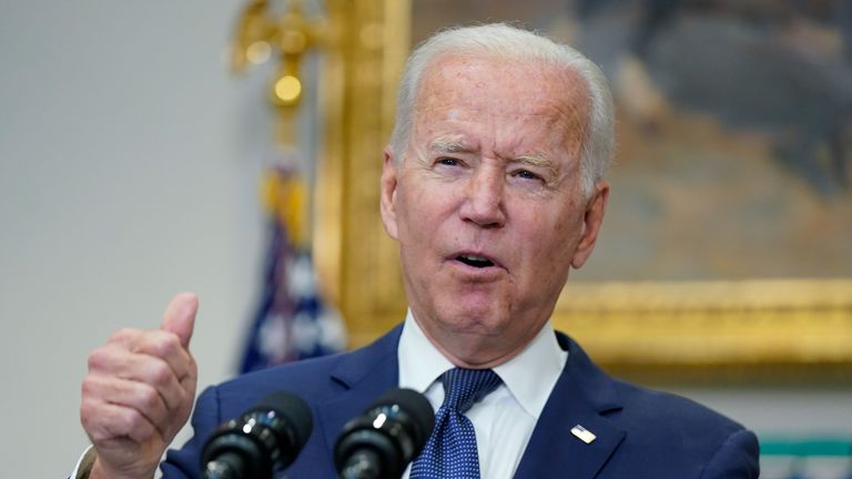 President Joe Biden speaks about the Afghanistan evacuations in the Roosevelt Room of the White House. Pic: AP