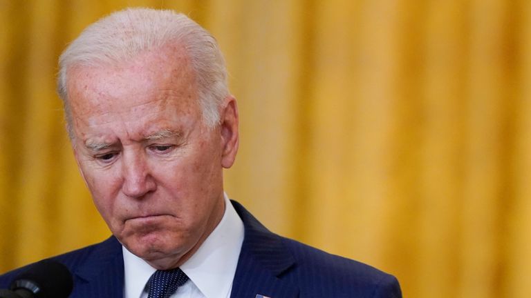 President Joe Biden pauses as he speaks about the bombings at the Kabul airport Pic: AP