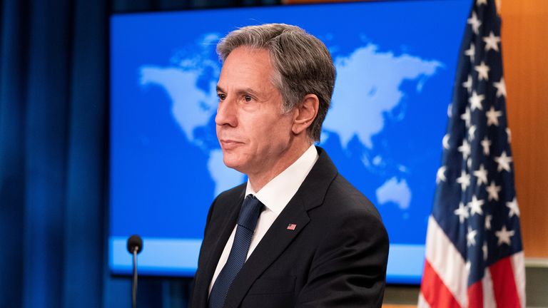 U.S. Secretary of State Antony Blinken looks on during a media briefing on Afghanistan, at the State Department, in Washington, D.C., U.S. August 25, 2021. Alex Brandon/Pool via REUTERS