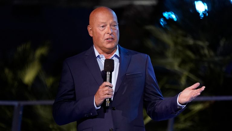 Disney CEO Bob Chapek speaks at the Avengers Campus dedication ceremony at Disney&#39;s California Adventure Park on Wednesday, June 2, 2021, in Anaheim, Calif. (AP Photo/Chris Pizzello)