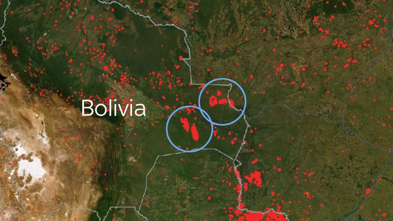 تصویر ماهواره ای نظارت بر آتش ناسا که محل آتش سوزی های بزرگ در شرق بولیوی را نشان می دهد