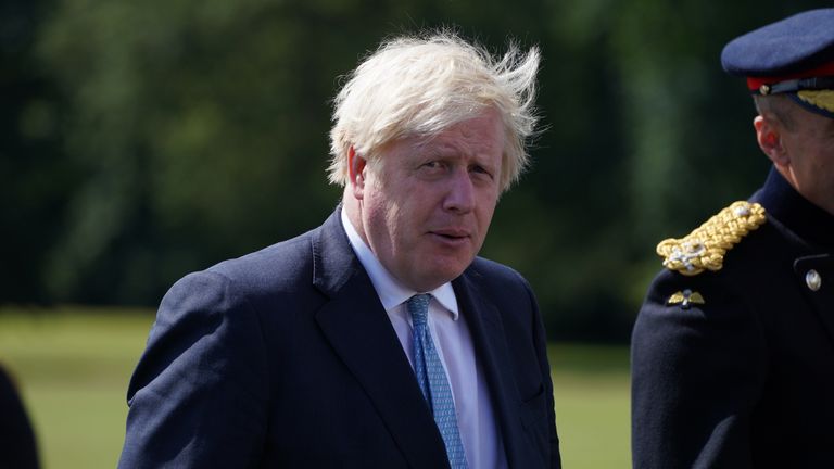 Prime Minister Boris Johnson arrives ahead of the Sovereign&#39;s Parade at Royal Military Academy Sandhurst in Camberley, which marks the completion of 44 weeks of training for the officer cadets. Picture date: Friday August 6, 2021.