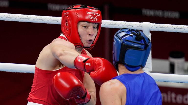 Lauren Price (left) exchanges punches with Nouchka Fontlijn (right) of the Netherlands. Pic: AP