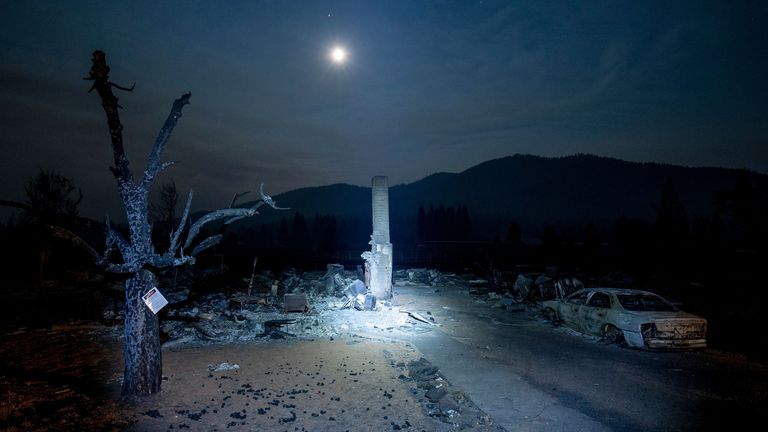 Properties destroyed by the Dixie Fire in Greenville, California, 21 August. . Pic: AP