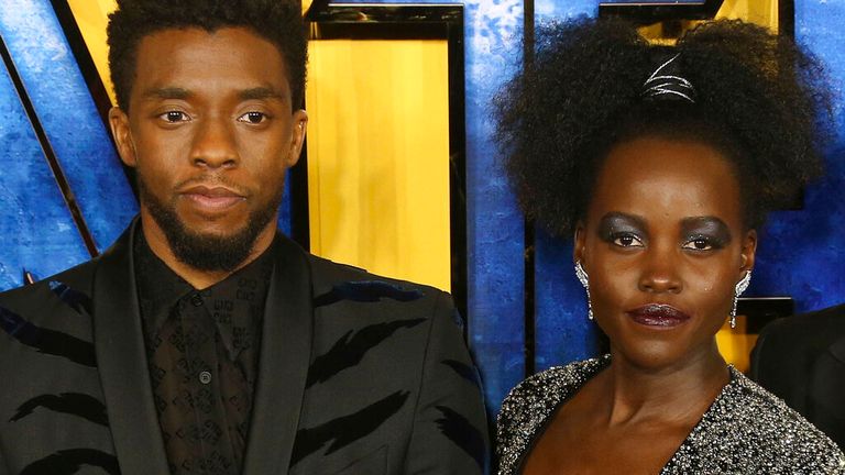 Chadwick Boseman and Lupita Nyong&#39;o at the Black Panther premiere in London in February 2018