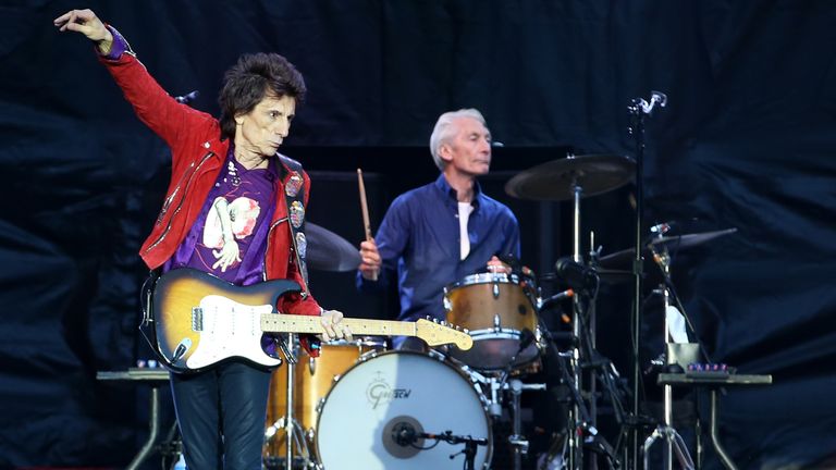 2018: Ronnie Wood and Charlie Watts of the Rolling Stones during their gig at the Murrayfield Stadium in Edinburgh, Scotland.