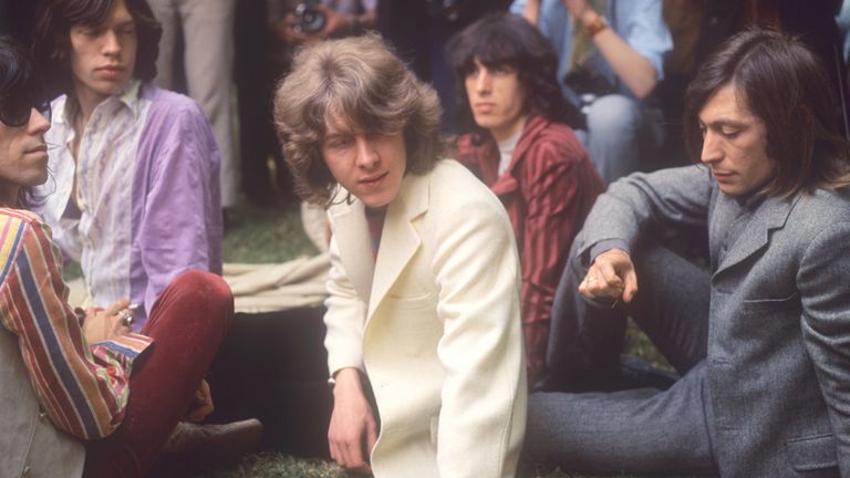 1969
New member Mick Taylor (c) joins the Rolling Stones to replace lead guitarist Brian Jones, pictured in Hyde Park, London. (l-r) Keith Richards, Mick Jagger, Mick Taylor, Bill Wyman and Charlie Watts.