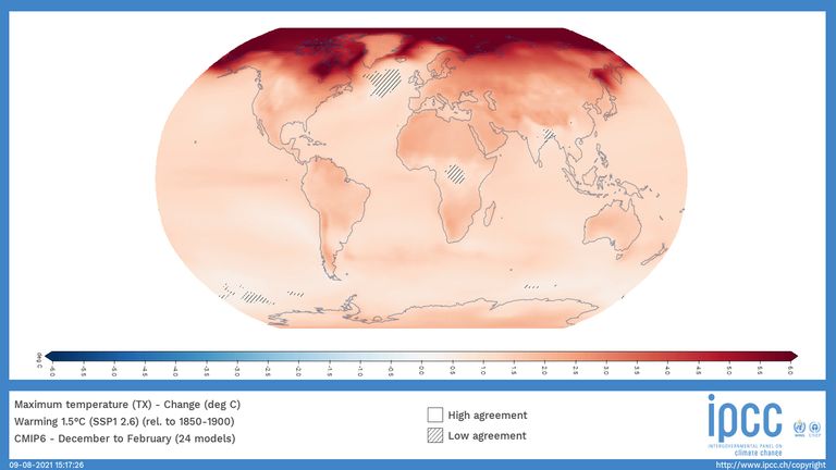 A world map showing the change in local winter temperature when the world heats up by an average of 1.5C in the next 20 years 