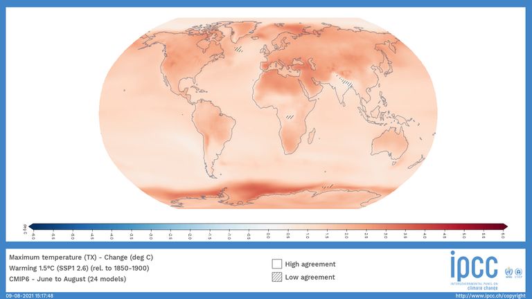 A world map showing the change in local summer temperature when the world heats up by 1.5C in the next 20 years 