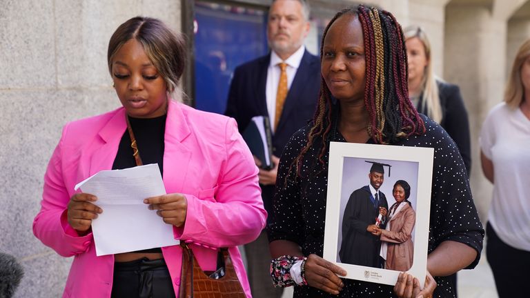 David Gomoh's sister Lizzie Gomoh (L) and his mother Marian Gomoh react to the guilty verdicts outside court