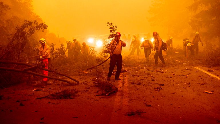 Firefighters battling the Dixie Fire clear Highway 89 after a burned tree fell across the roadway in Plumas County, Calif., on Friday, Aug. 6, 2021. (AP Photo/Noah Berger)