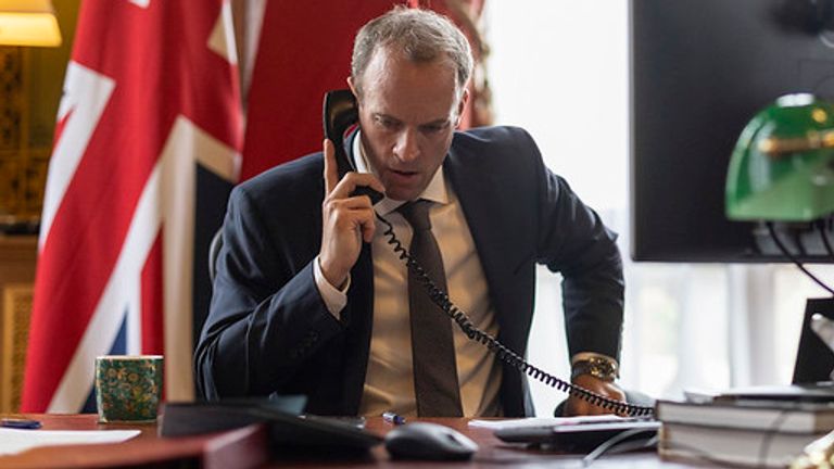 19/08/2021. London, United Kingdom. Foreign Secretary Dominic Raab calls Wang Yi, the Chinese Foreign Minister to discuss Afghanistan from his office at the Foreign Commonwealth and Development Office in London. Pic: Simon Dawson/Downing St