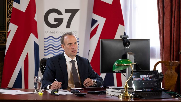 19/08/2021. London, United Kingdom. Foreign Secretary Dominic Raab calls G7 Foreign Ministers to discuss Afghanistan at the Foreign Commonwealth and Development Office in London. Pic: Simon Dawson/ Downing St