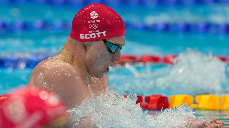 Duncan Scott of Britain swims in a heat of the men&#39;s 200-meter individual medley at the 2020 Summer Olympics, Wednesday, July 28, 2021, in Tokyo, Japan. (AP Photo/Martin Meissner)  