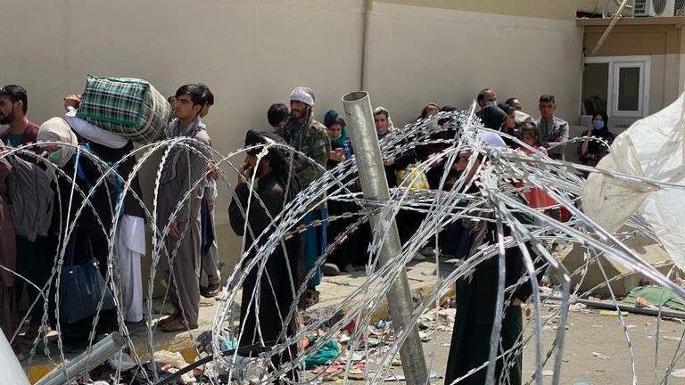 Evacuees outside British compound in Kabul, Afghanistan
