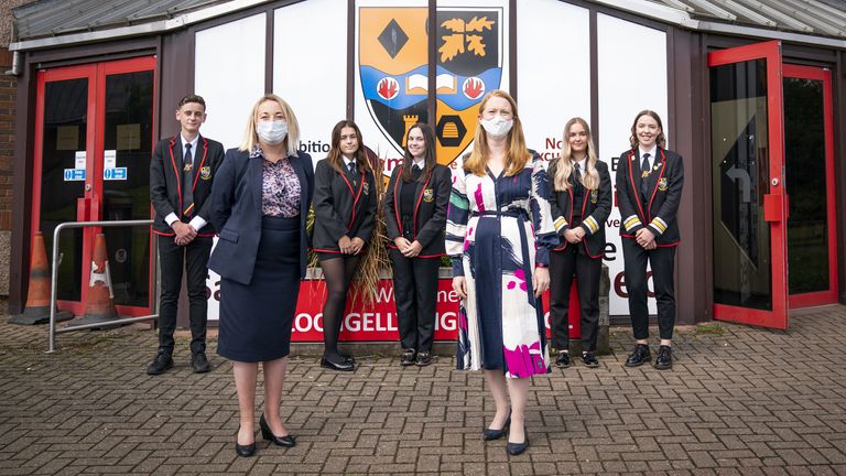 Scottish Education Secretary Shirley-Anne Somerville (third right) meets staff and students during a visit to Lochgelly High School in Lochgelly, Fife, as high school pupils across Scotland find out their exam results. Picture date: Tuesday August 10, 2021.