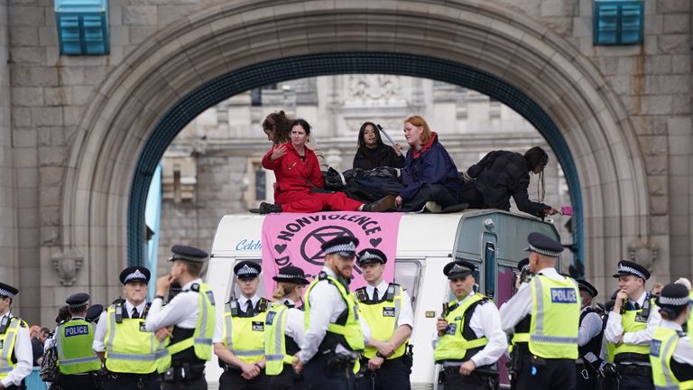 Protesters caused disruption in London on Bank Holiday Monday by blocking Tower Bridge
