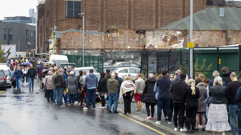 Fans queue around the O2 Apollo in Manchester ahead of comedian Peter Kay&#39;s charity show