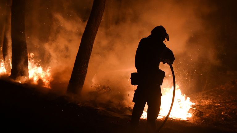 A firefighter battles a wildfire burning in the suburb of Thrakomakedones, north of Athens