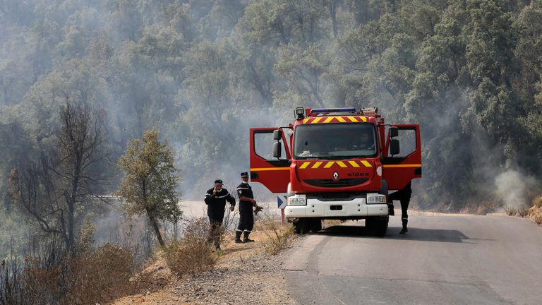 Firemen work near the village of Toudja during fires in the Kabyle region. Pic: AP