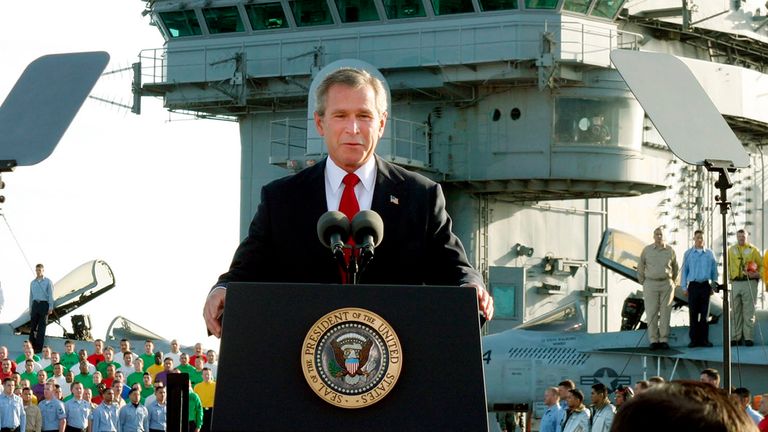 George W. Bush declares the end of major combat in Iraq on 2 May 2003. Pic: AP