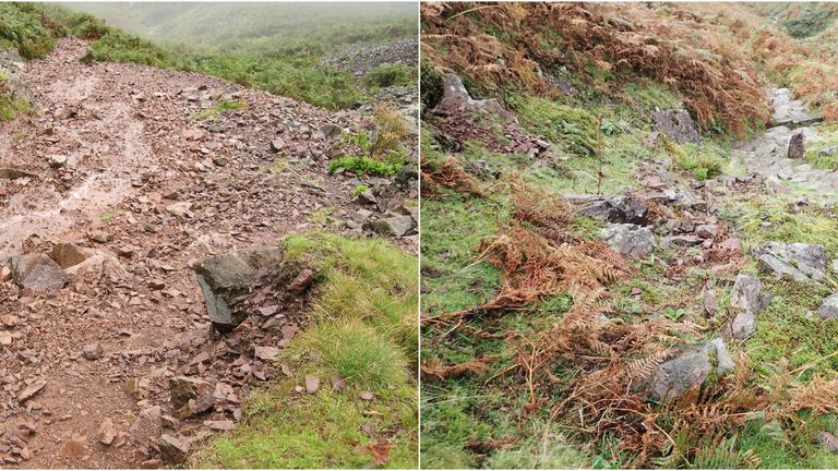 Undated handout photo issued by Fix the Fells of the before and after pictures of Silver How fell in Grasmere. The staycation boom has led to an increase in the erosion of the Lake District landscape, according to an organisation set up to protect the area. Issue date: Wednesday August 18, 2021.