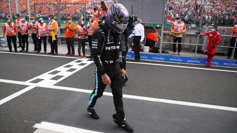 Formula One F1 - Hungarian Grand Prix - Hungaroring, Budapest, Hungary - August 1, 2021 Third placed Lewis Hamilton of Mercedes after the race Pool via REUTERS/Florion Goga
