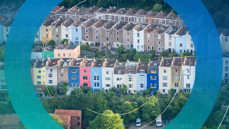 Colourful houses in Hotwells in the city of Bristol seen from above during the first mass ascent, where balloons from all over the world gather at Ashton Court, Bristol, to take part in the Bristol International Balloon Fiesta.