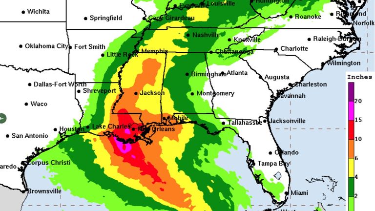 A chart showing the rainfall expected across the central Gulf Coast as Hurricane Ida hits Pic: National Hurricane Centre 