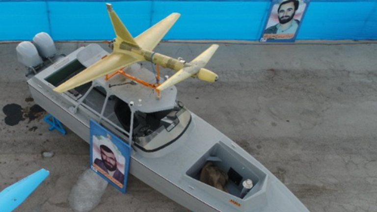 An Ababil 2 drone mounted on a boat at an event in Iran in 2020.