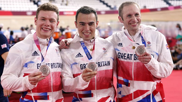 Jack Carlin, Ryan Owens and Jason Kenny with their silver medals