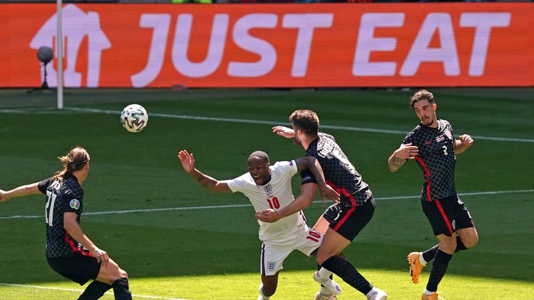England&#39;s Raheem Sterling is tackled by Croatia&#39;s Duje Caleta-Car during the UEFA Euro 2020 Group D match at Wembley Stadium, London. Picture date: Sunday June 13, 2021.