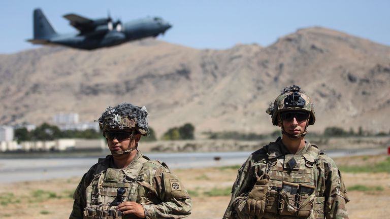 Two paratroopers assigned to the 1st Brigade Combat Team, 82nd Airborne Division conduct security at Kabul airport Pic AP