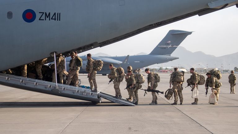 UK military personnel board an A400M aircraft departing Kabul, Afghanistan August 28, 2021. Jonathan Gifford/UK MOD Crown copyright 2021/Handout via REUTERS THIS IMAGE HAS BEEN SUPPLIED BY A THIRD PARTY. MANDATORY CREDIT. NO RESALES. NO ARCHIVES.
