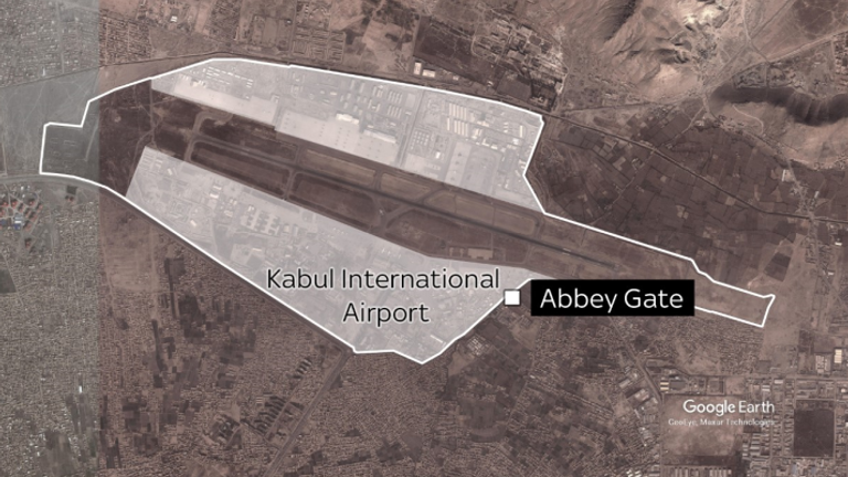 Abbey Gate is one of five entrances to the airfield, where military flights have been evacuating civilians to the West.