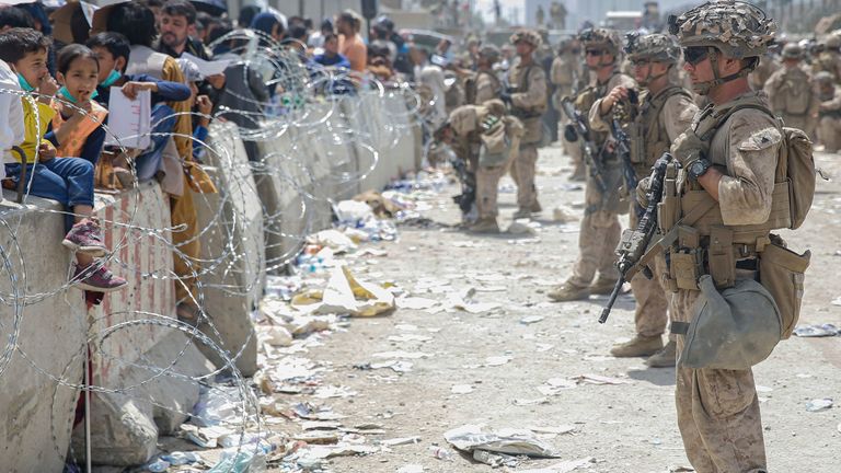 evacuation at Hamid Karzai International Airport in Kabul, Afghanistan. Pic: AP