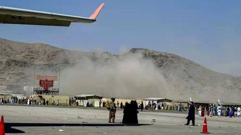 Smoke rising near the blast site at the Kabul airport in Kabul, Afghanistan. Pic: Xinhua/Shutterstock

